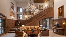 Lobby Seating Area and Grand Staircase at Rusty Parrot Lodge and Spa