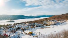 Fairmont Tremblant drone winter hotel exterior