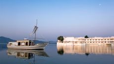 Taj Lake Palace, Udaipur view from water with boat