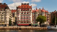 Hotel Diplomat exterior view from harbor in central Stockholm