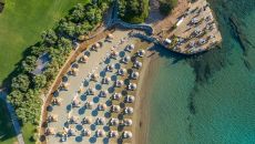 Panoramic view of the crystal clear water beach at cape sounio at Cape Sounio