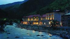 hotel exterior on river night