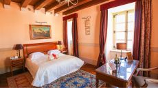 Bedroom window view with blue accents