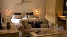 Bedroom with fireplace and sitting area