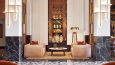 lobby corner moucharabieh sculptures art rug lights marble resort at Park Hyatt Marrakech