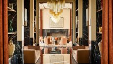 le pavillon bar hall sculpture art marble chimney cushions lights luster daylight at Park Hyatt Marrakech