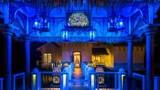 resort walkway at night