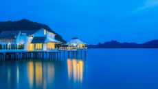 overwater bungalows at night