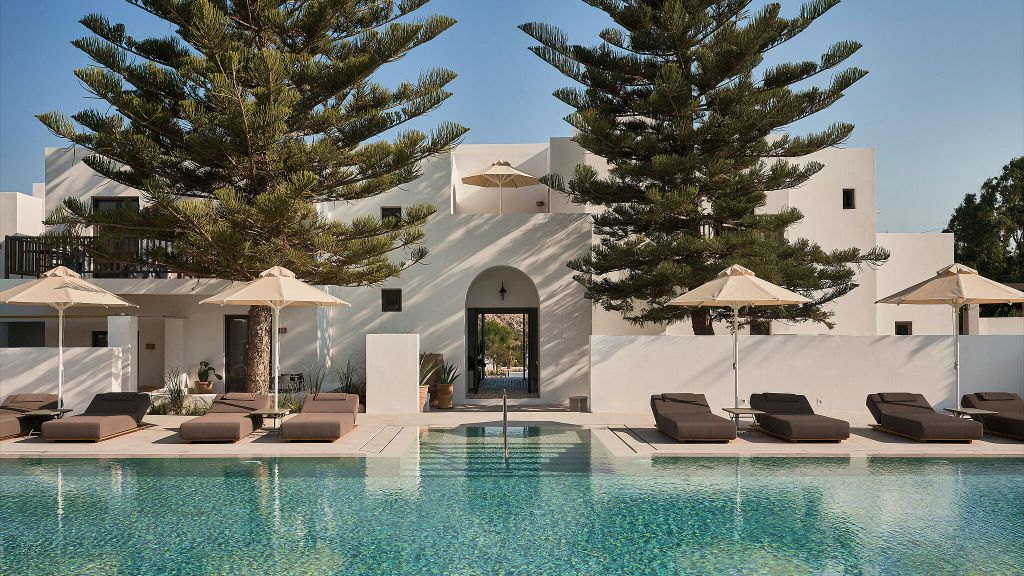 Parilio hotel minimalist white Cycladic architecture with cross-shaped pool on Paros Greek Islands Greece