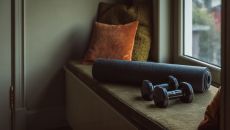 yoga mat and weights detail shot at De Durgerdam